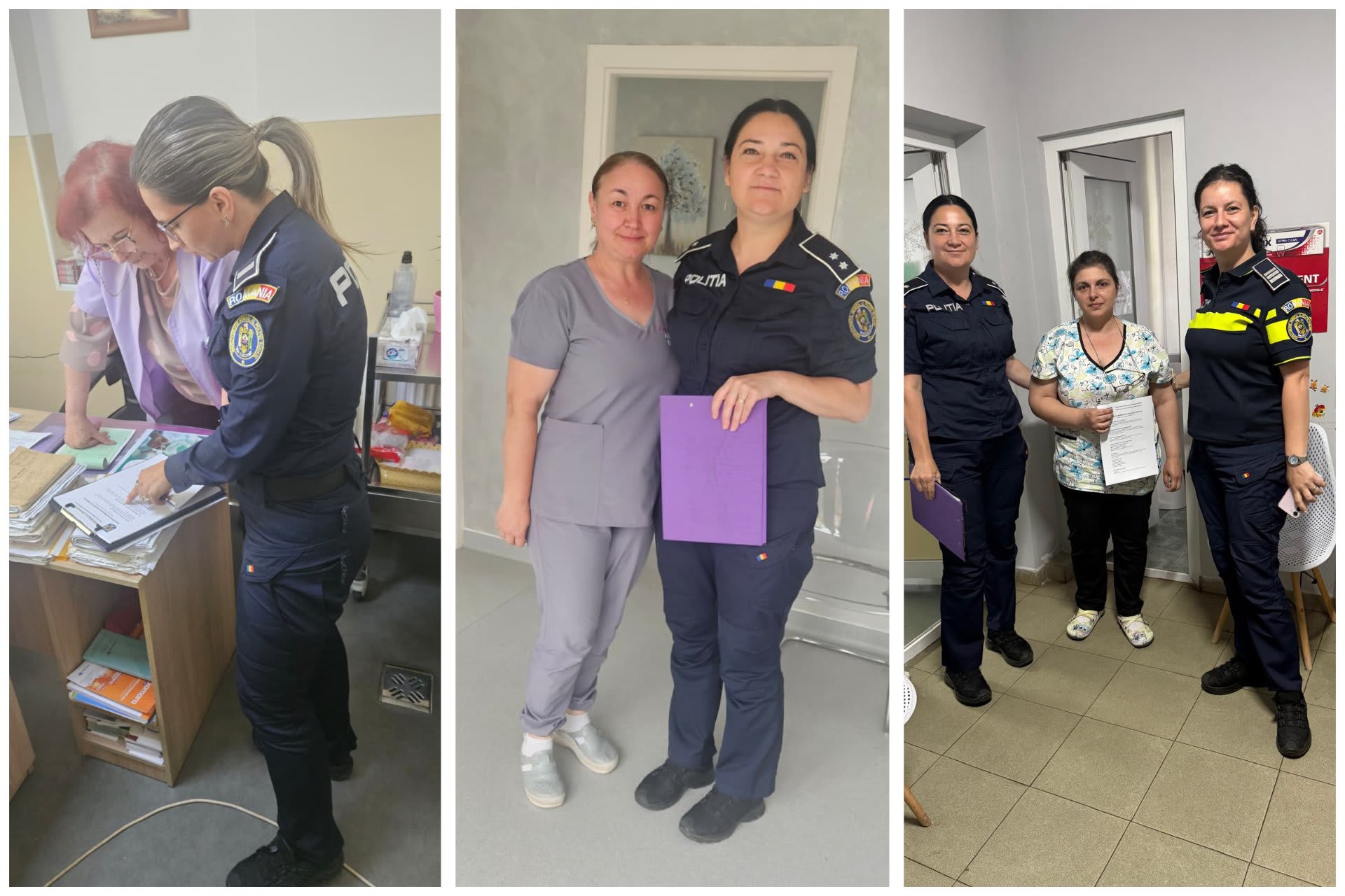 Polițiști în dispensar explicând măsuri de protecție victime
