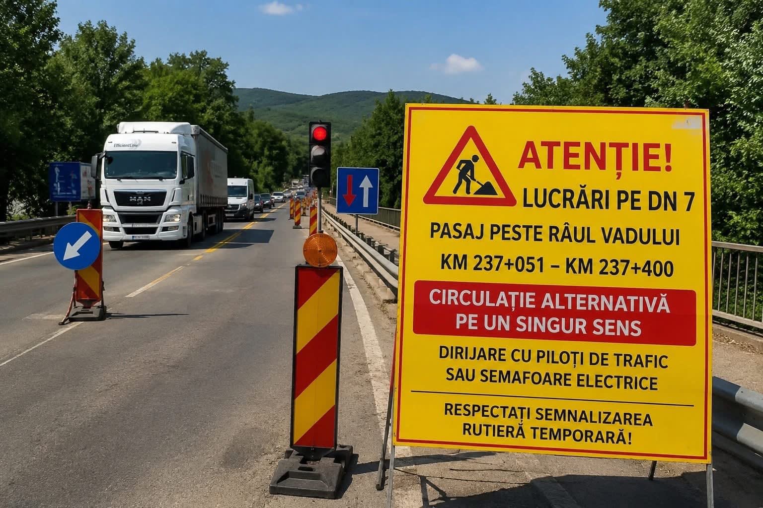 Lucrări pe DN 7 la pasajul peste Râul Vadului, trafic alternativ, echipe de muncitori, semafoare