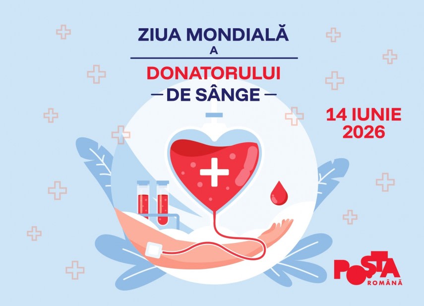 Clădire Poșta Română iluminată în roșu pentru Ziua Donatorului de Sânge