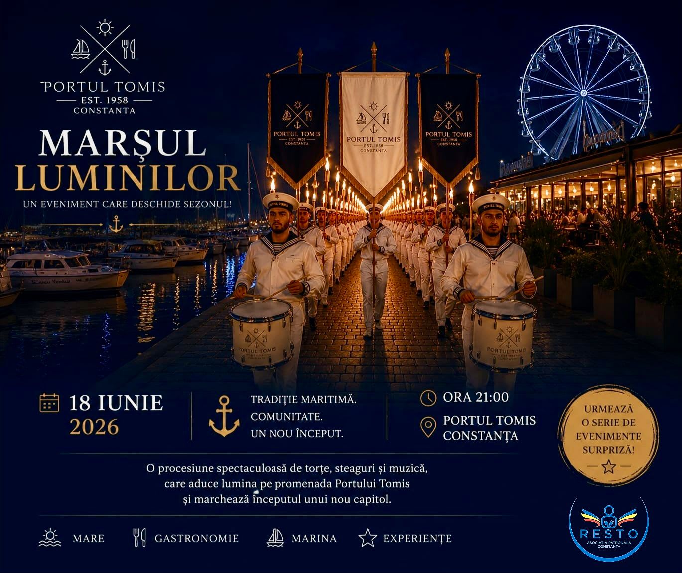 Procesiune cu torțe și steaguri în Portul Tomis, Constanța