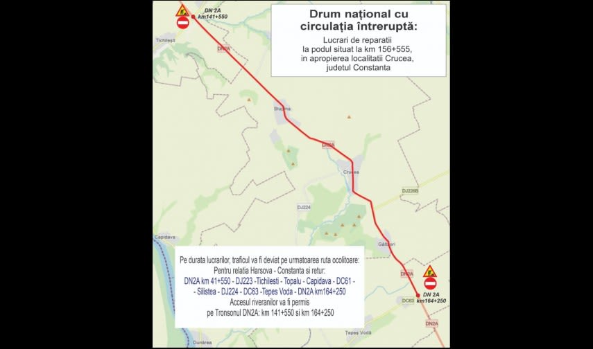 Semnalizare rutieră și drumul închis pe DN2A, Constanța