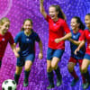 Jucătoare de fotbal feminin în acțiune pe teren Jucătoare de fotbal feminin în acțiune pe teren