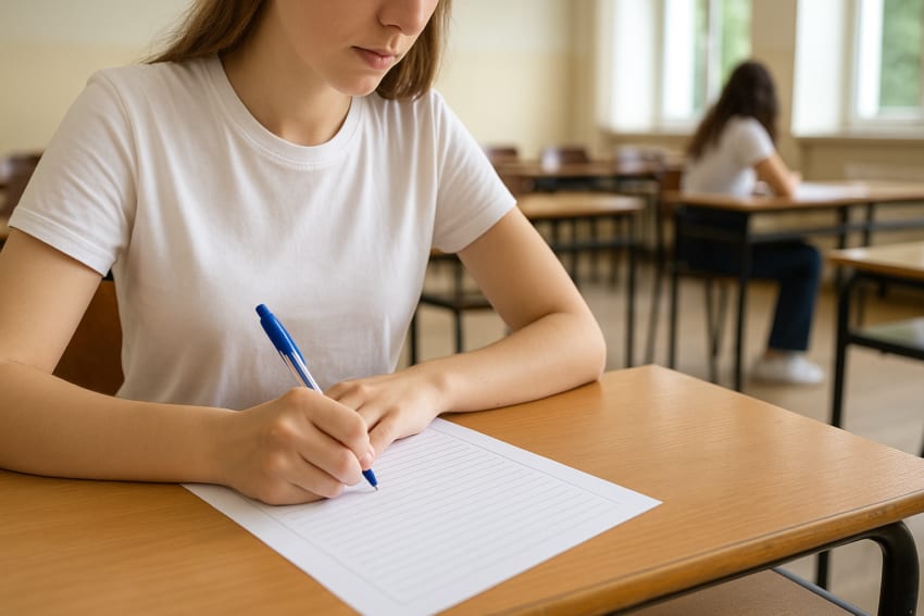Profesor și elevi în sala de examen, pregătire bacalaureat