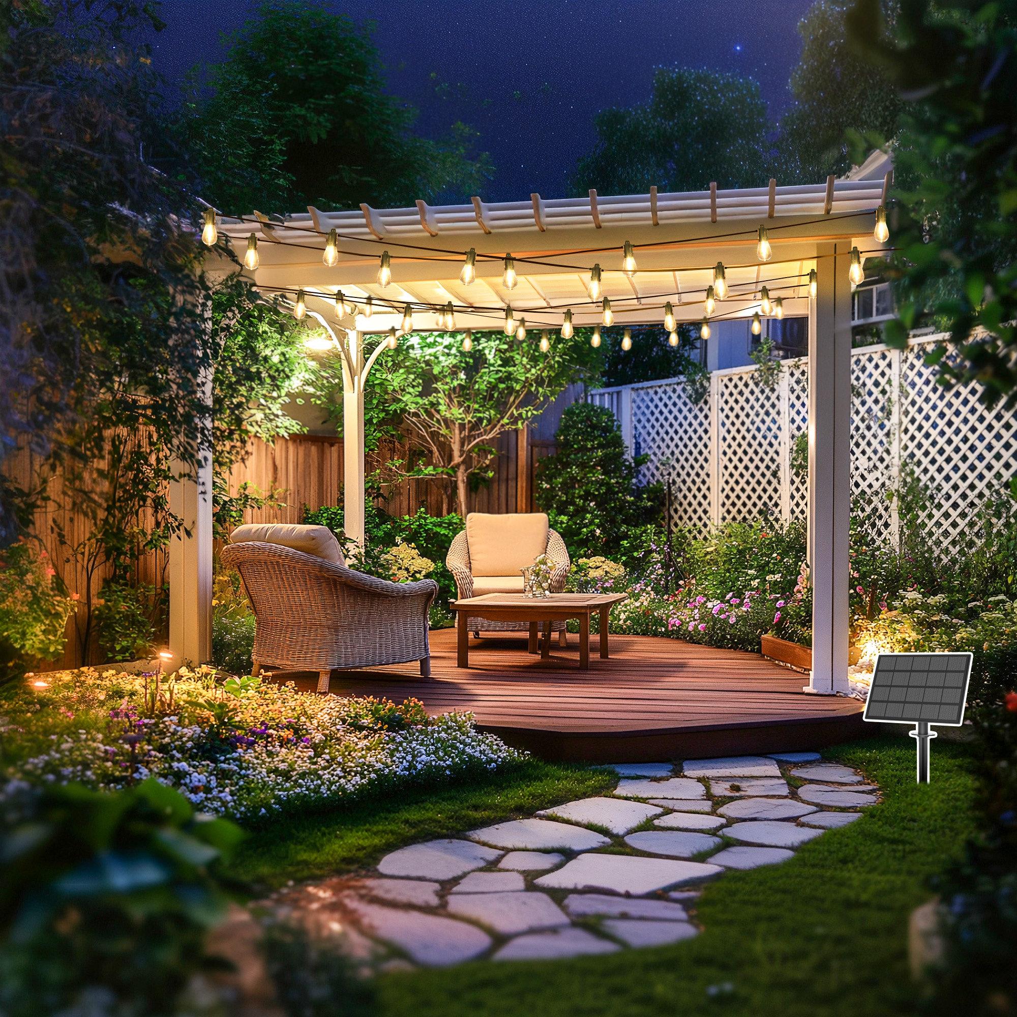 Grădină modernă cu mobilier durabil, zone delimitate și iluminat solar Grădină modernă cu mobilier durabil, zone delimitate și iluminat solar