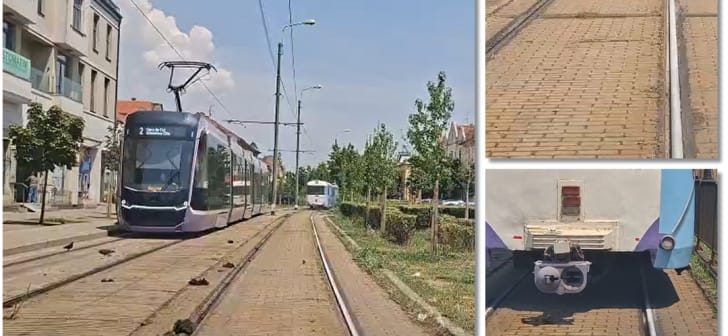 Tramvai blocat pe șine din cauza topirii masticului în Timișoara