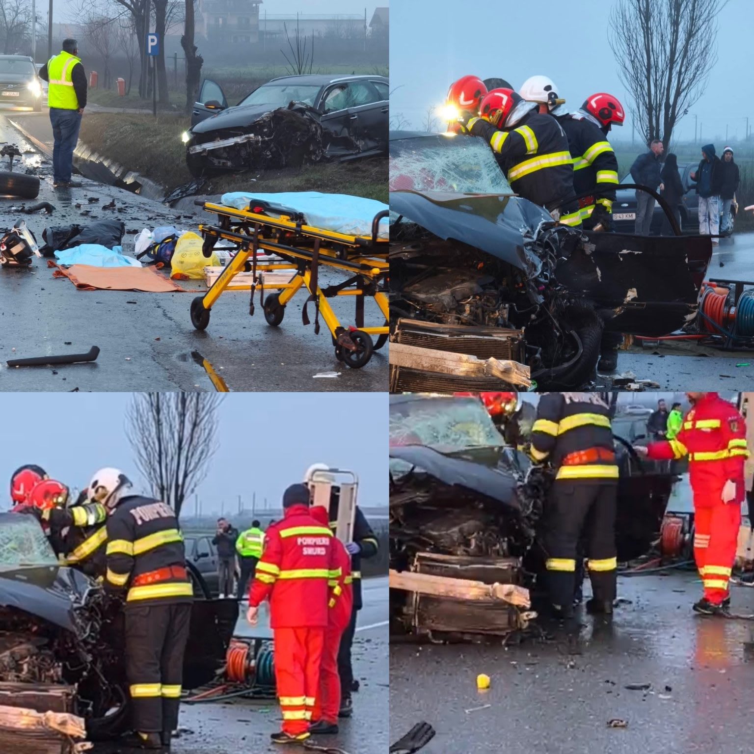 Echipaje de pompieri descarcerând un șofer inconștient dintr-un autoturism avariat