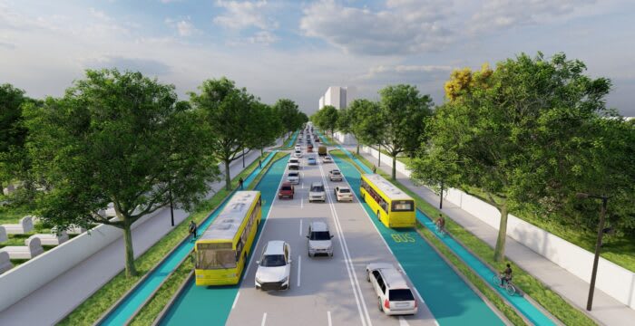 Constructori lucrând pe șantierul Magistralei Verzi din Timișoara