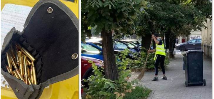 Polițiști verificând un tomberon din centrul Timișoarei Polițiști verificând un tomberon din centrul Timișoarei