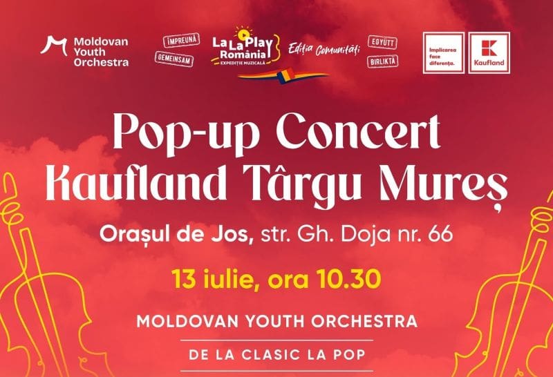 Muzicieni din Moldovan Youth Orchestra cântând printre rafturile Kaufland Târgu Mureș Muzicieni din Moldovan Youth Orchestra cântând printre rafturile Kaufland Târgu Mureș