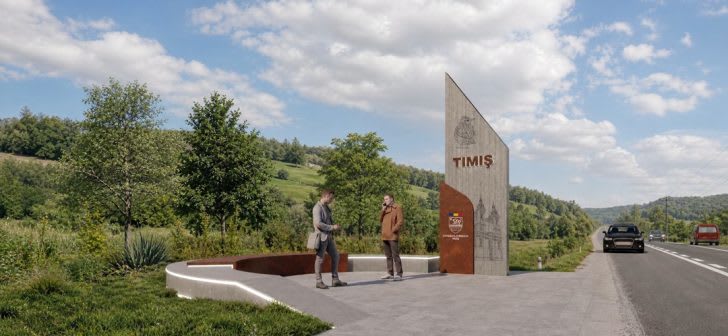 Totem cu simboluri istorice și naturale la intrarea în județul Timiș