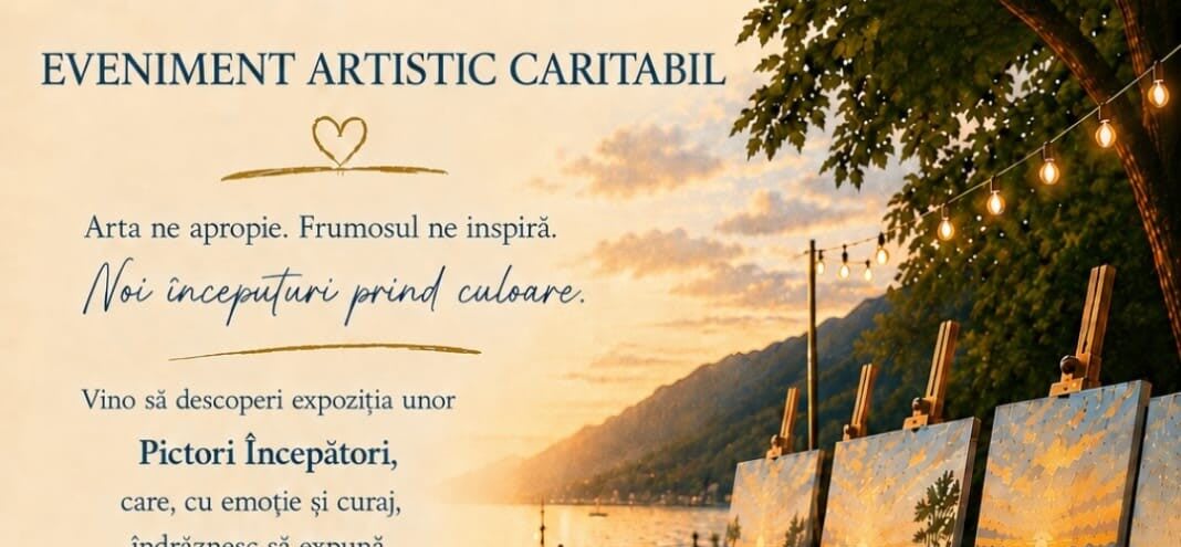 Artiști expunând tablouri și muzicieni în scenă la evenimentul caritabil din Vetiș