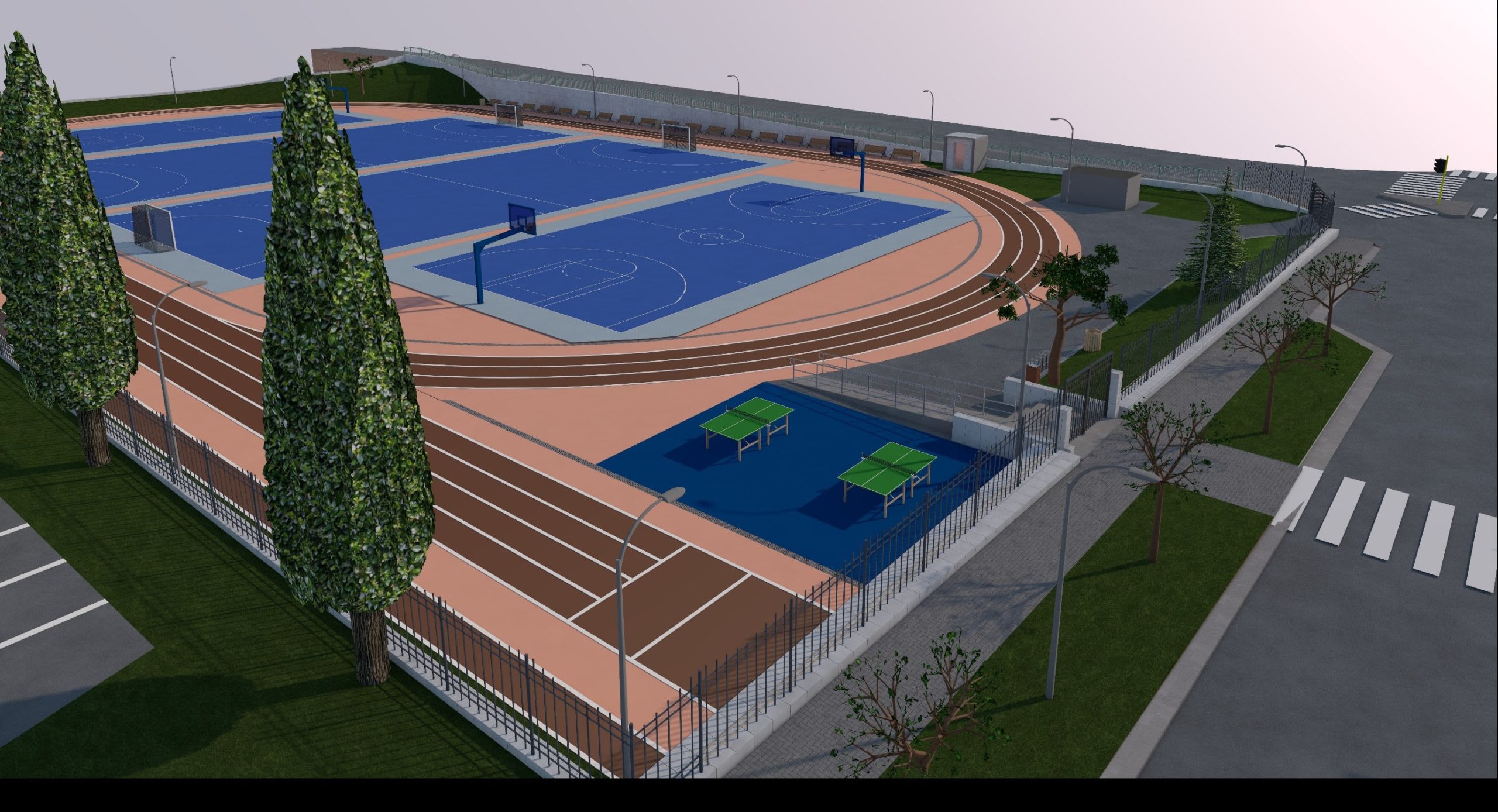 Teren de sport modern în Arad, cu sportivi tineri și echipamente sportive