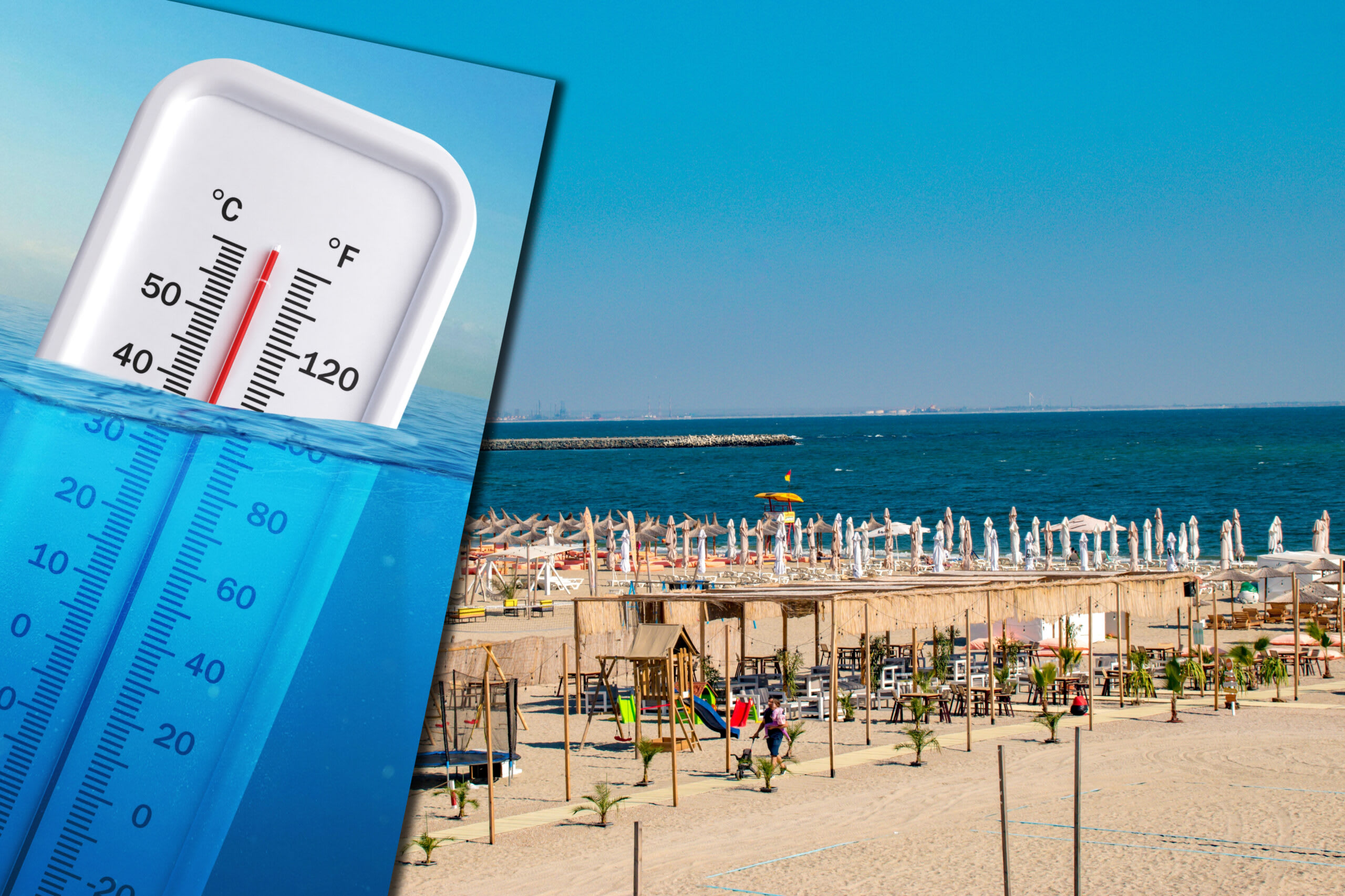 Plajă cu valuri și turiști în Constanța, Marea Neagră