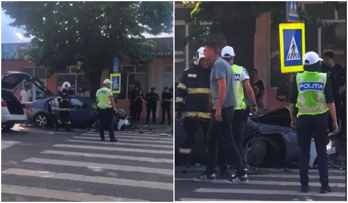 Mașini avariate și echipaje de poliție la locul accidentului