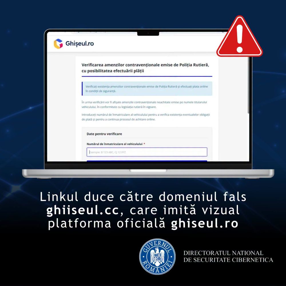 Ecran de calculator cu mesaj fraudulos și iconiță de avertizare