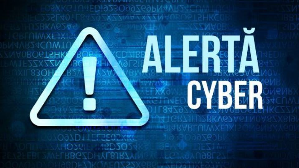 Romanian police officer in uniform with warning sign about cyber fraud