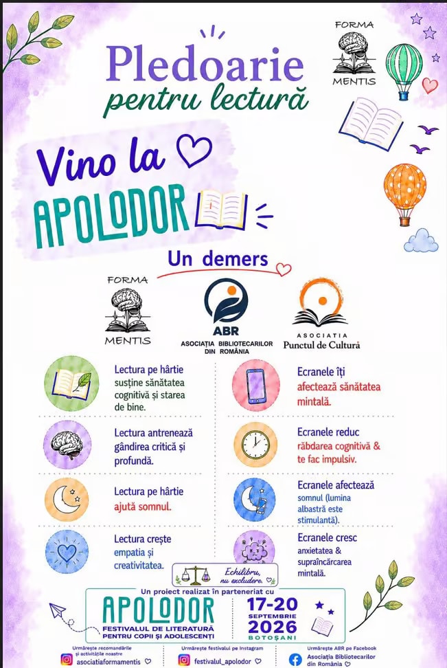 Festivalul APOLODOR din Botoșani susține campania „Pledoarie pentru lectură”