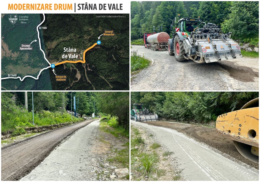 Lucrări de modernizare pe drumul din Stâna de Vale, muncitori și utilaje