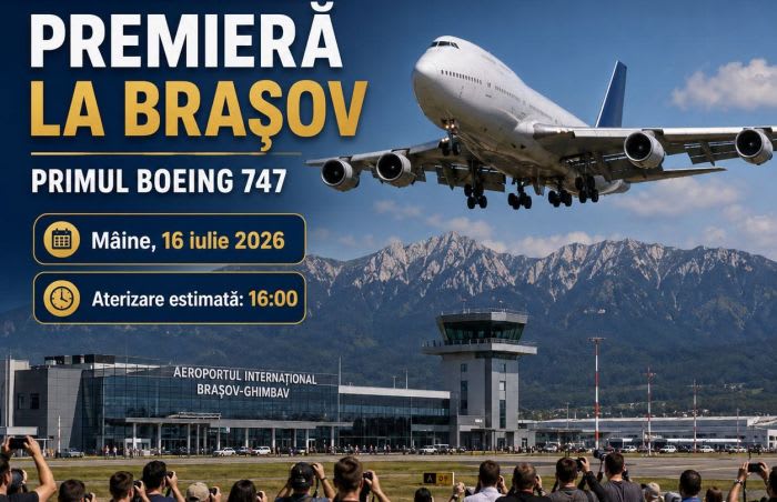 Avion Boeing 747 aterizând la Aeroportul Brașov în ziua premieră