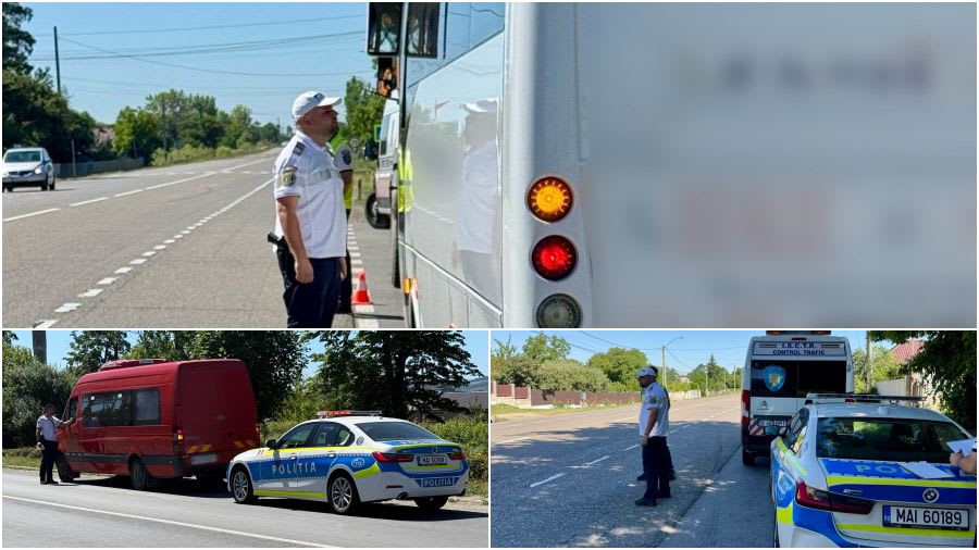 Polițiști rutieri verificând autovehicule de transport persoane în Bacău