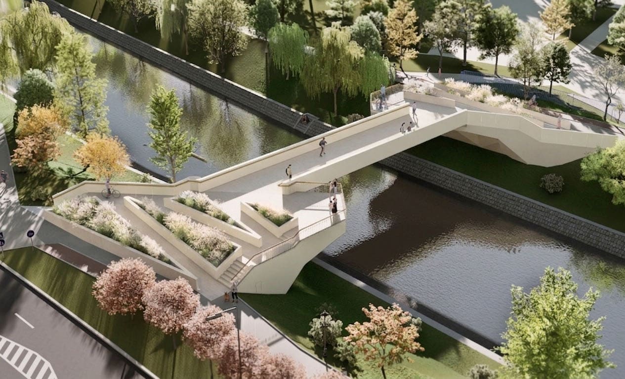 Pasarelă pietonală modernă peste Bega în Timișoara