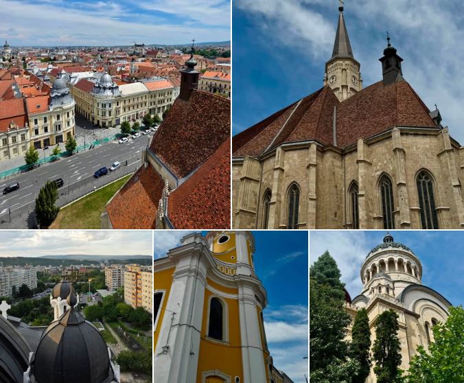 Biserică veche din Cluj în noapte, luminată, cu tur ghidat și oameni vizitatori