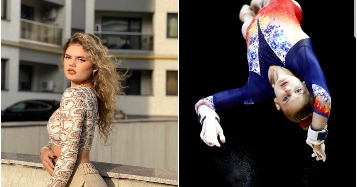 Gimnastă română în acțiune pe bârnă, competiție internațională
