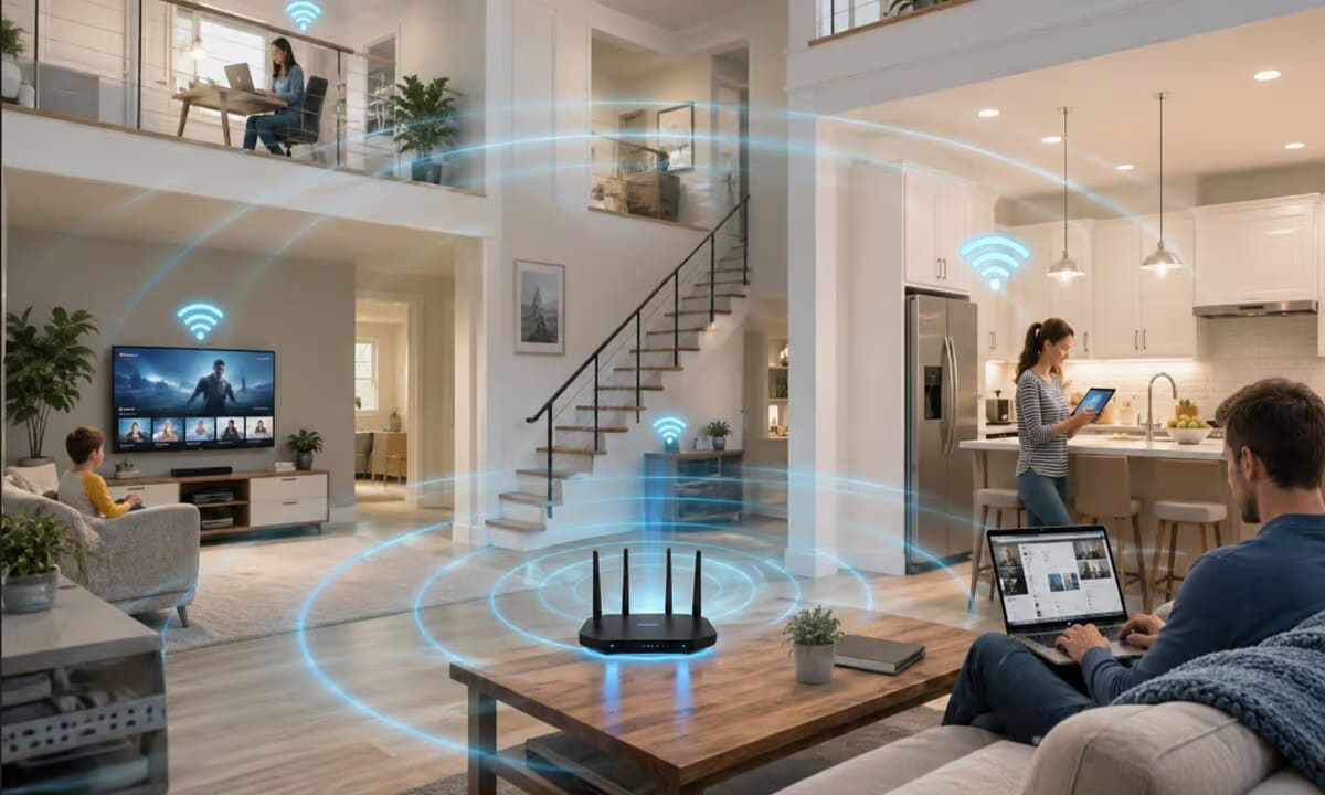 Router Wi-Fi modern cu semnal puternic în birou
