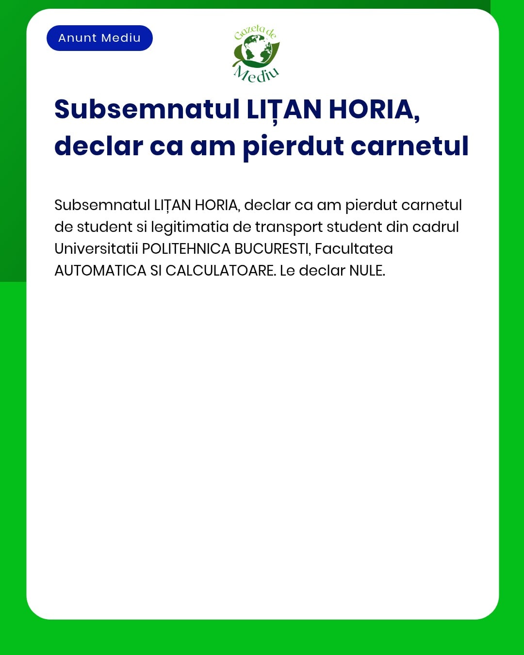 Student cu carnet și legitimație în mână, Galați