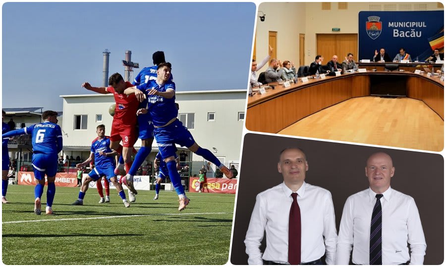 Echipa FC Bacău în teren, jucători și antrenor pe stadion Echipa FC Bacău în teren, jucători și antrenor pe stadion