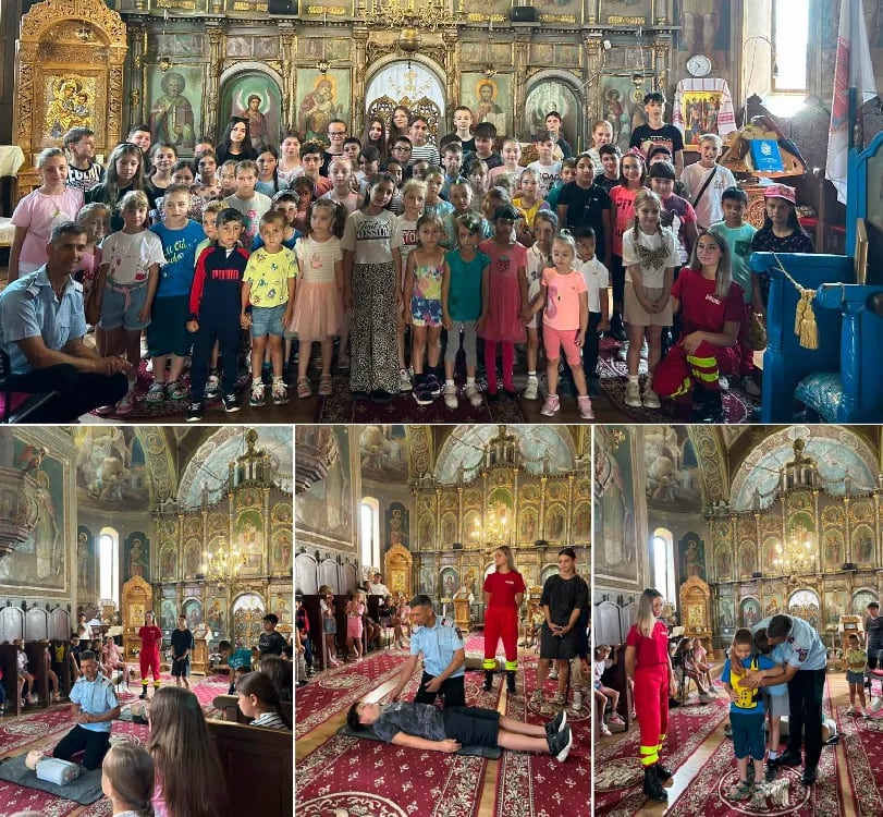 Pompieri ISU Bacău predând lecții de prim ajutor în satul Recea