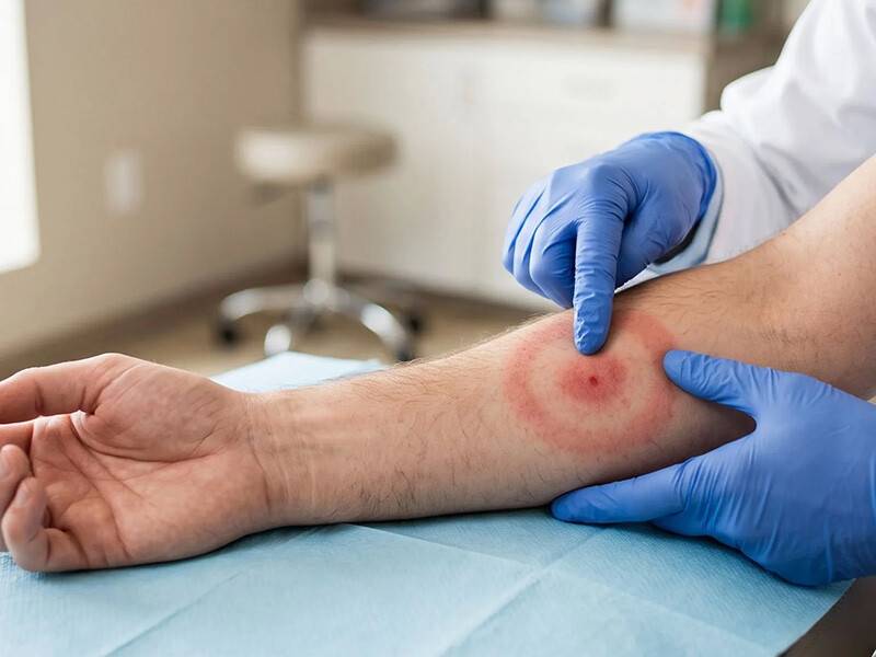 Medic în echipament de protecție verificând o persoană după activitate în natură