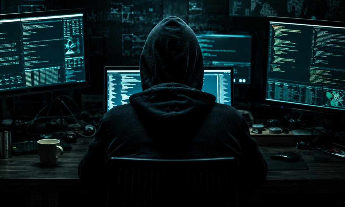 Hacker în fața unui ecran cu coduri și simboluri digitale