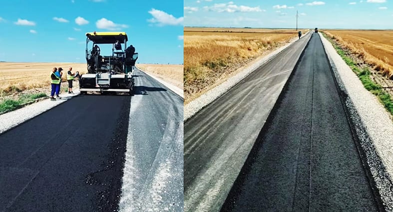 Lucrări de asfaltare pe DJ 546C în Olt, muncitori și utilaje în acțiune