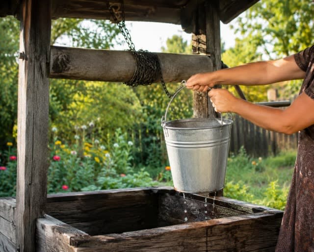Fântână tradițională românească în sat rural