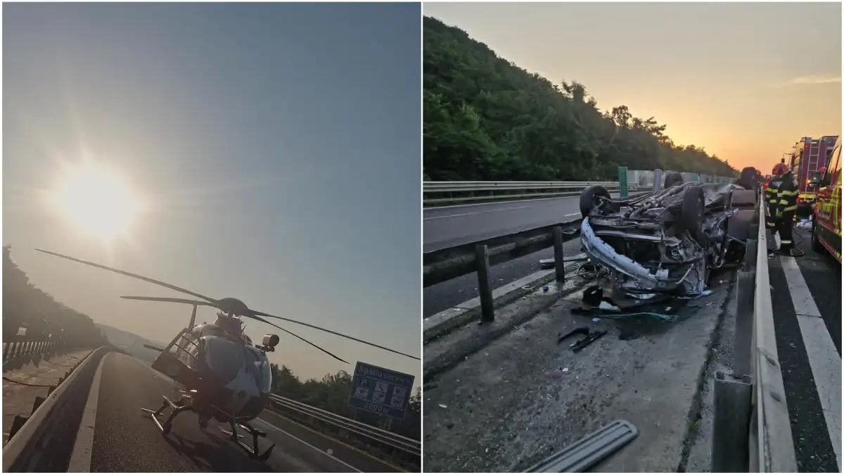 Echipaje SMURD intervenind la accident pe autostrada A1