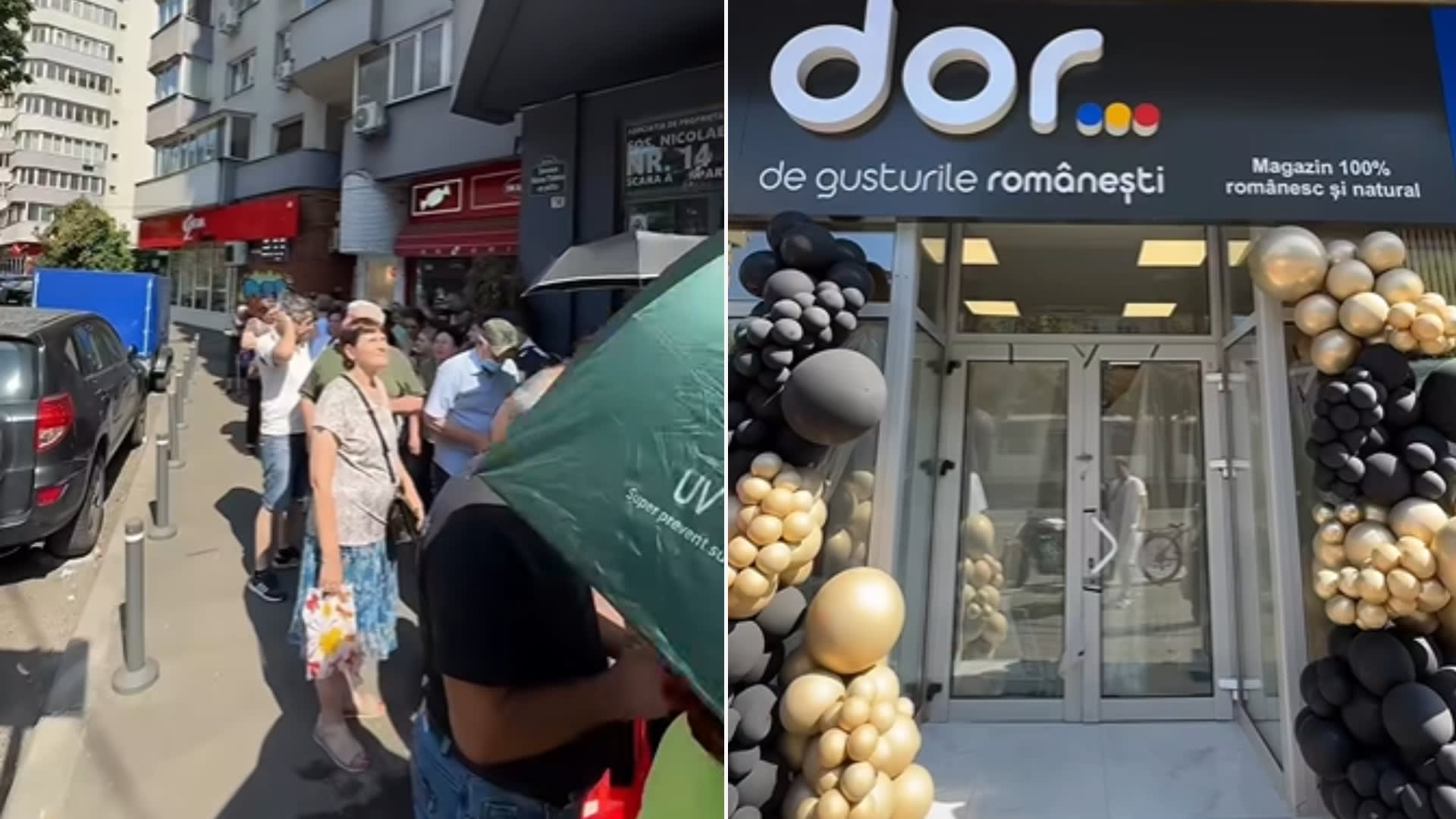 O coadă de oameni la deschiderea unui magazin românesc în București, cu jandarmi și polițiști în acțiune