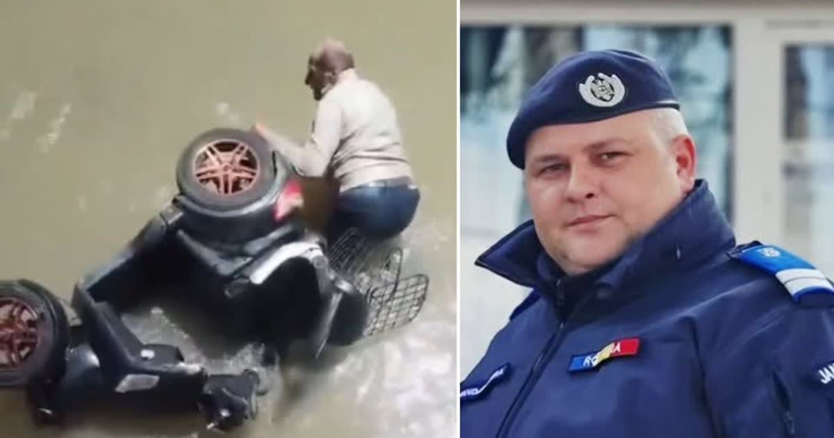 Jandarm în apă salvând bătrân din râu, intervenție în timpul liber