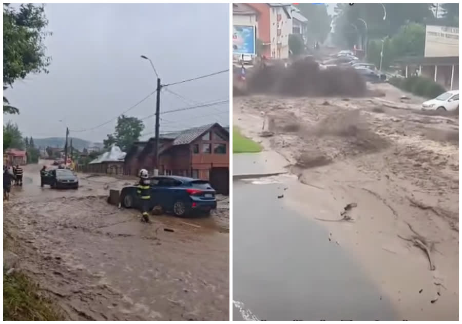 Echipaje de pompieri evacuând persoane din zone inundate în Bușteni Echipaje de pompieri evacuând persoane din zone inundate în Bușteni