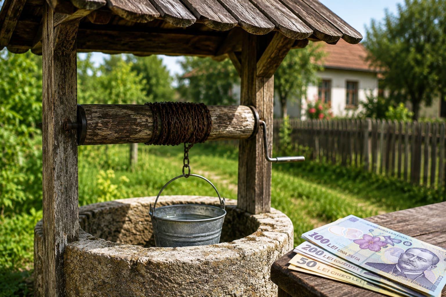 O fântână tradițională românească în sat