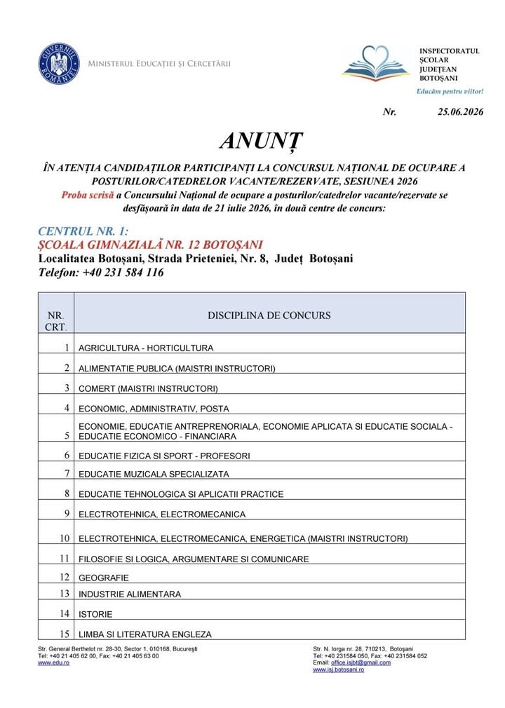 Concursul național de ocupare a posturilor didactice: Proba scrisă are loc marți în Botoșani Concursul național de ocupare a posturilor didactice: Proba scrisă are loc marți în Botoșani
