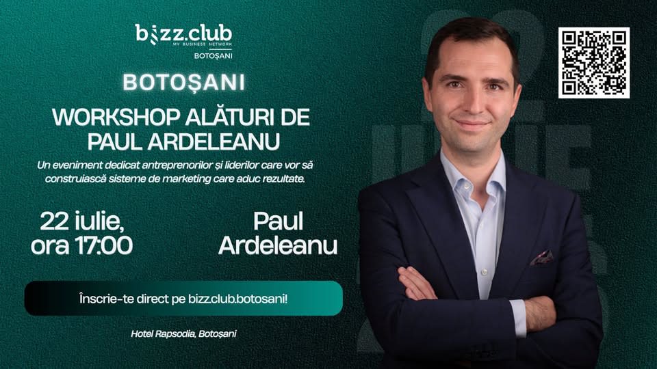 BIZZ.CLUB Botoșani organizează miercuri workshopul „Robinetul de Clienți", cu Paul Ardeleanu — sistemul testat cu sute de antreprenori din România BIZZ.CLUB Botoșani organizează miercuri workshopul „Robinetul de Clienți", cu Paul Ardeleanu — sistemul testat cu sute de antreprenori din România