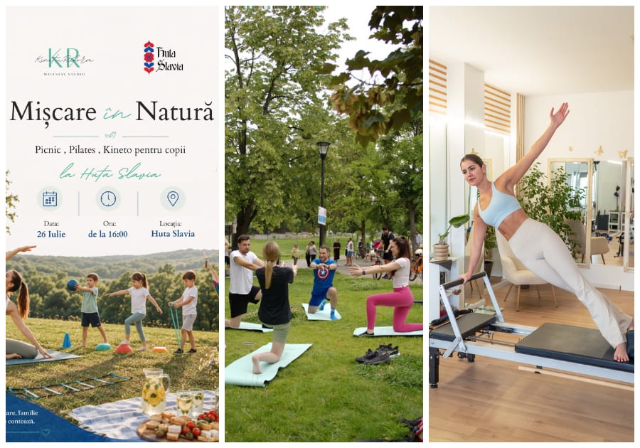 Familii participând la Pilates în natură, pe pajiște, cu peisaje de vară