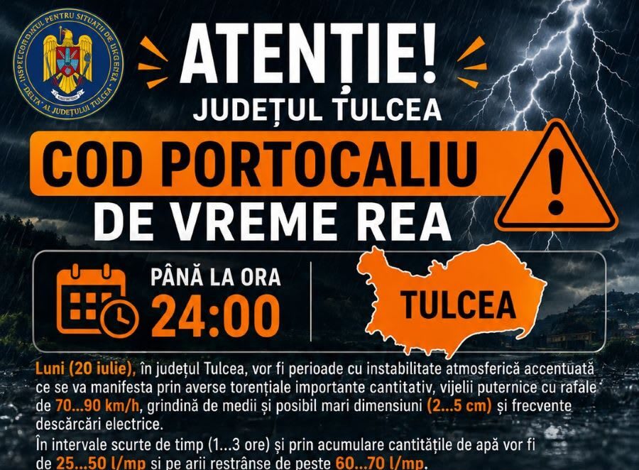 Vânt puternic, ploi torențiale și grindină în județul Tulcea