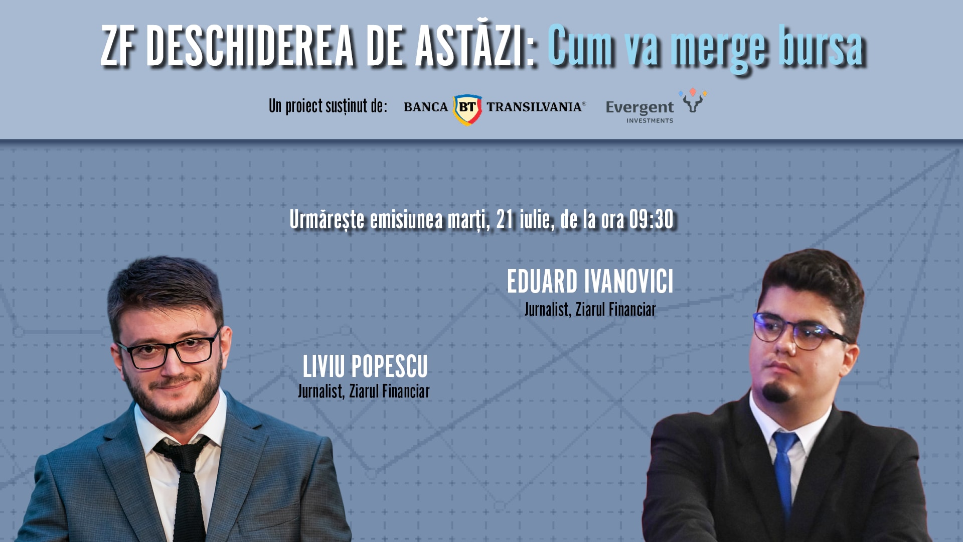 Jurnaliști discutând despre piața bursieră în direct