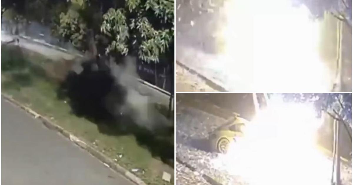 Mașină Porsche Cayman în flăcări după accident, copac și autostradă Sao Paulo