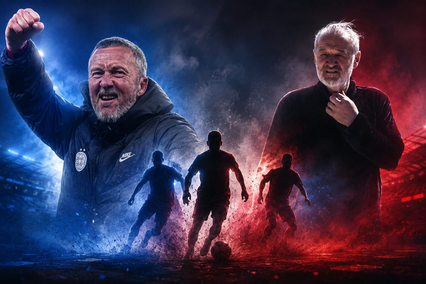 Fotbalist în acțiune pe teren, echipament FCSB, stadion din România Fotbalist în acțiune pe teren, echipament FCSB, stadion din România