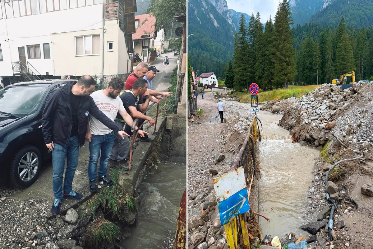 Trei persoane cu degetul spre apă, în timp ce muncitori acționau în teren