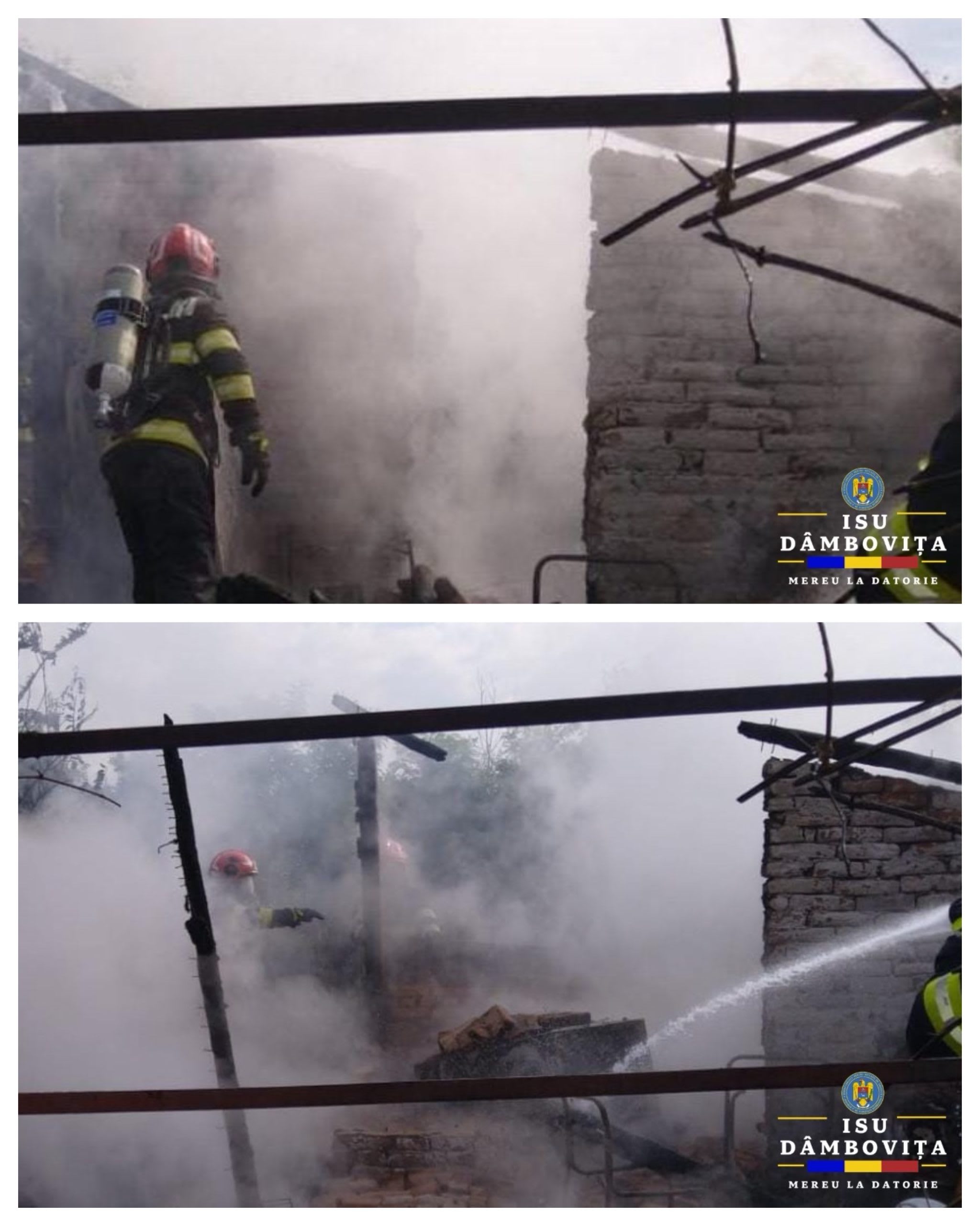 Pompieri stingând incendiu la anexă gospodărească în Dâmbovița