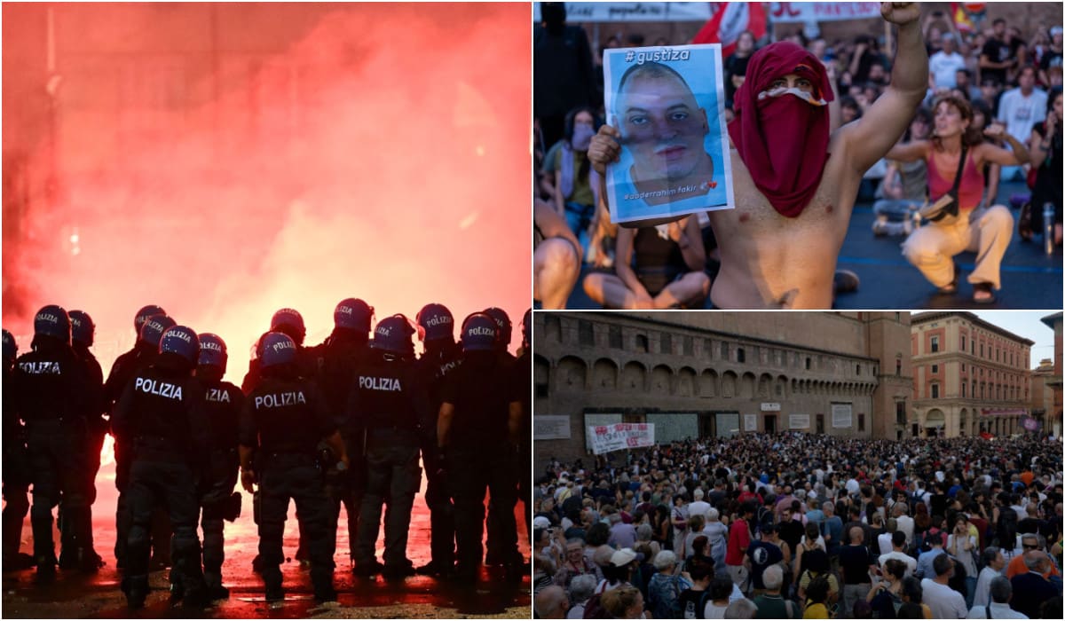 Polițiști italieni imobilizând un bărbat marocan în Bologna